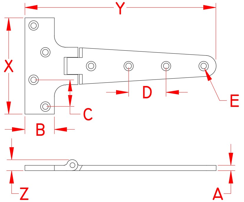 Stainless Steel Heavy Duty Strap T-Hinge, S3834-0007, Line Drawing Stainless Steel Heavy Duty Strap T-Hinge, S3834-0007, Line Drawing
